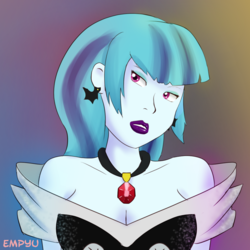 Size: 1000x1000 | Tagged: safe, artist:empyu, sonata dusk, equestria girls, g4, 45 minute art challenge, alternate hairstyle, black dress, clothes, dress, ear piercing, earring, female, jewelry, lipstick, loose hair, off shoulder, piercing, solo