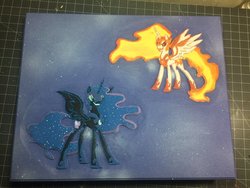 Size: 1024x768 | Tagged: safe, artist:spikefiremane, daybreaker, nightmare moon, pony, a royal problem, g4, craft, grin, irl, photo, royal sisters, smiling, spread wings, traditional art, wings, woodwork