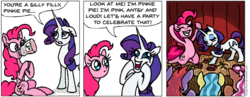 Size: 936x362 | Tagged: safe, artist:gingerfoxy, pinkie pie, rarity, earth pony, pony, unicorn, pony comic generator, g4, carousel boutique, comic, squishy cheeks