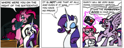 Size: 936x362 | Tagged: safe, artist:gingerfoxy, pinkie pie, rarity, twilight sparkle, alicorn, earth pony, pony, unicorn, pony comic generator, g4, angry, carousel boutique, comic, evil, eyes closed, female, floppy ears, glowing, glowing horn, horn, light, magic, telekinesis, twilight (series), twilight sparkle (alicorn)