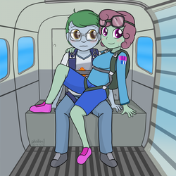 Size: 1500x1500 | Tagged: safe, artist:phallen1, derpibooru exclusive, oc, oc only, oc:software patch, oc:windcatcher, equestria girls, g4, aircraft, awkward, blushing, clothes, cramped, equestria girls-ified, glasses, goggles, hand on shoulder, interior, parachute, plane, sitting, sitting on lap, skydiving, windpatch