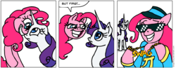 Size: 936x362 | Tagged: safe, artist:gingerfoxy, pinkie pie, rarity, earth pony, pony, unicorn, pony comic generator, g4, carousel boutique, comic, food, grin, hat, pi, pie, smiling, sunglasses, swag