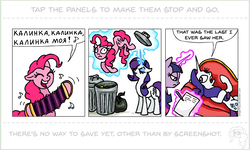 Size: 1010x607 | Tagged: safe, artist:gingerfoxy, pinkie pie, rarity, twilight sparkle, earth pony, pony, unicorn, pony comic generator, g4, :<, :c, abuse, accordion, bipedal, comic, couch, cute, derp, diapinkes, eyes closed, fainting couch, female, floppy ears, frown, glowing, glowing horn, happy, hoof hold, horn, into the trash it goes, kalinka, levitation, lidded eyes, magic, mare, music, music notes, musical instrument, on back, open mouth, pinkiebuse, raribitch, russian, simple background, singing, smiling, speech bubble, telekinesis, text, trash, trash can, unicorn twilight, white background, wide eyes, writing