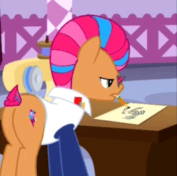 Size: 340x338 | Tagged: safe, screencap, starstreak, earth pony, pony, g4, honest apple, animated, butt, clothes, cropped, female, gif, glasses, male, mare, paper, pencil, plot, shirt, solo, stallion