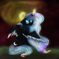 Size: 2560x2560 | Tagged: safe, artist:brokensilence, princess luna, alicorn, pony, g4, alternate design, alternate universe, curved horn, ethereal mane, female, full moon, galaxy mane, high res, horn, moon, sad, solo