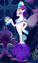 Size: 622x1024 | Tagged: safe, artist:trini-mite, edit, queen novo, oc, oc:8&!-n, seapony (g4), shrimp, g4, my little pony: the movie, colored pupils, coral, crown, eyebrows, eyelashes, female, fin wings, fins, fish tail, jewelry, lidded eyes, mare, ocean, open mouth, orb, queen, queen novo's orb, raised eyebrow, regalia, seaquestria, solo, tail, throne, throne room, underwater, water, wings
