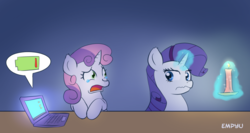 Size: 1000x533 | Tagged: safe, artist:empyu, rarity, sweetie belle, pony, g4, candle, computer, duo, female, filly, glowing horn, horn, laptop computer, magic, mare, sad, teary eyes