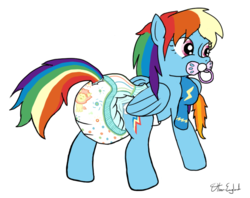 Size: 1262x1000 | Tagged: safe, artist:oliver-england, rainbow dash, spitfire, pony, g4, diaper, female, non-baby in diaper, pacifier, plushie, poofy diaper, simple background, solo, surprised, white background