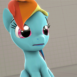Size: 250x250 | Tagged: safe, artist:argodaemon, rainbow dash, pegasus, pony, g4, 3d, animated, blinking, caption, confused, cute, female, floppy ears, frown, gif, gritted teeth, looking at you, mare, open mouth, reaction image, sitting, solo, source filmmaker, talking, wat (reaction image)