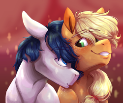 Size: 2514x2113 | Tagged: safe, artist:eggoatt, applejack, oc, oc:constance everheart, pony, g4, blushing, canon x oc, duo, everjack, female, freckles, high res, kissing, male, shipping, smiling, straight