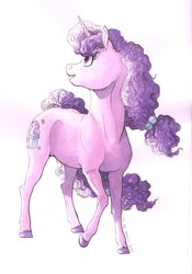 Size: 1397x2000 | Tagged: safe, artist:lady-limule, sugar belle, pony, unicorn, g4, colored hooves, female, looking back, mare, solo, traditional art, watercolor painting
