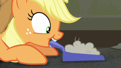 Size: 1280x720 | Tagged: safe, screencap, applejack, earth pony, pony, g4, the saddle row review, cute, dustpan, female, freckles, looking down, mare, mouth hold, solo