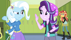 Size: 2880x1620 | Tagged: safe, artist:namyg, starlight glimmer, sunset shimmer, trixie, human, equestria girls, equestria girls specials, g4, mirror magic, beanie, canterlot high, clothes, hallway, hat, jacket, looking at each other, looking back, pants, shirt, smiling, trio