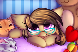 Size: 2400x1600 | Tagged: safe, artist:gicme, oc, oc only, oc:dawnsong, earth pony, pony, colored pupils, cute, ear fluff, female, filly, glasses, happy, heart eyes, hnnng, looking at you, mare, plushie, smiling, solo, toy, wingding eyes