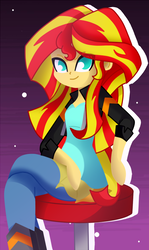 Size: 540x907 | Tagged: safe, artist:strawhatcrew96, sunset shimmer, equestria girls, g4, clothes, crossed legs, female, pants, sitting, smiling, solo