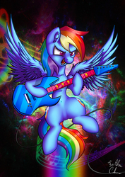 Size: 877x1240 | Tagged: safe, artist:calena, rainbow dash, pegasus, pony, equestria girls, g4, my little pony equestria girls: rainbow rocks, abstract, belly button, both cutie marks, electric guitar, female, guitar, mare, music notes, musical instrument, open mouth, smiling, solo, sonic rainboom, space
