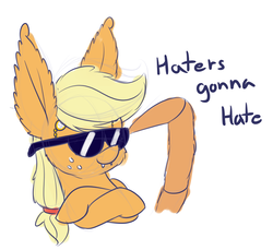 Size: 1200x1100 | Tagged: safe, artist:heir-of-rick, applejack, monster pony, original species, spiderpony, g4, colored sketch, crossed arms, fangs, female, haters gonna hate, impossibly large ears, meme, monocle, simple background, solo, species swap, spiderjack, sunglasses, white background