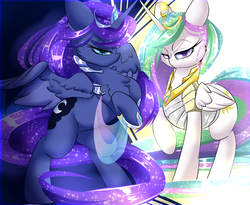 Size: 2800x2300 | Tagged: safe, artist:madacon, princess celestia, princess luna, alicorn, pony, g4, color porn, crown, duo, female, high res, looking at you, mare, rearing, regalia, royal sisters, sisters