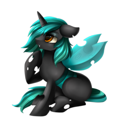 Size: 2855x3087 | Tagged: safe, artist:pridark, oc, oc only, oc:orange glow, changeling, changeling oc, commission, female, floppy ears, high res, raised hoof, simple background, sitting, solo, thinking, transparent background