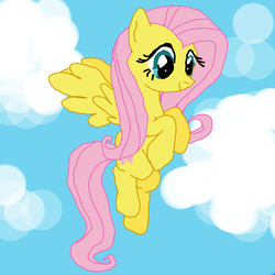 Size: 2362x2362 | Tagged: artist needed, safe, fluttershy, pegasus, pony, g4, beautiful, day, female, flying, high res, looking down, sky, solo