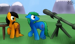 Size: 2252x1321 | Tagged: safe, artist:the-furry-railfan, oc, oc only, oc:interrobang, oc:twintails, earth pony, pegasus, pony, grass field, gun, map, nuclear weapon, p 235, recoilless rifle, table, this will end in balloons, this will end in explosions, weapon