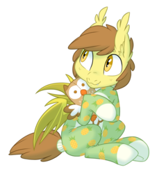 Size: 620x677 | Tagged: safe, artist:equestria-prevails, oc, oc only, oc:stuffed crust, bat pony, bird, owl, pony, bat wings, clothes, cute, food, footed sleeper, innocent, looking back, onesie, pajamas, pineapple, pizza bat, plushie, simple background, sitting, smiling, solo, transparent background