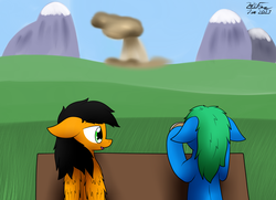 Size: 2484x1803 | Tagged: safe, artist:the-furry-railfan, oc, oc only, oc:interrobang, oc:twintails, earth pony, pegasus, pony, grass field, mushroom cloud, nuclear weapon, p 235, table, this will end in balloons, weapon