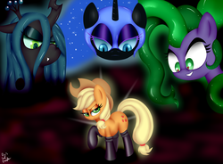 Size: 1280x943 | Tagged: safe, artist:paulpeopless, applejack, mane-iac, nightmare moon, queen chrysalis, g4, epic, fireproof boots, wallpaper