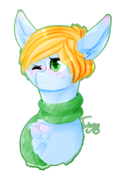 Size: 429x635 | Tagged: safe, artist:twinkepaint, oc, oc only, oc:shiro, pony, blushing, bust, chest fluff, clothes, male, one eye closed, portrait, scarf, simple background, solo, stallion, transparent background