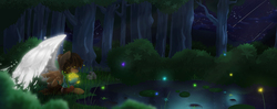 Size: 1984x788 | Tagged: safe, artist:adetuddymax, oc, oc only, pegasus, pony, forest, night, pond, request, solo
