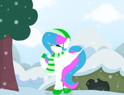 Size: 512x393 | Tagged: safe, artist:littlelynxs04, oc, oc only, oc:chickpea, oc:sugar cloud, pegasus, pony, clothes, female, mare, scarf, snow, solo, winter