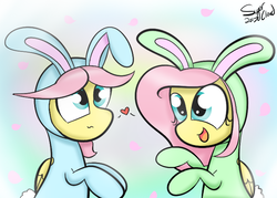 Size: 700x500 | Tagged: safe, artist:sugarcloud12, fluttershy, pony, g4, animal costume, bunny costume, butterscotch, clothes, costume, heart, r63 paradox, rule 63, self ponidox
