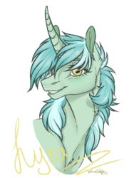 Size: 768x1024 | Tagged: safe, artist:dementra369, lyra heartstrings, pony, unicorn, g4, bust, curved horn, female, horn, portrait, simple background, smiling, solo, transparent background
