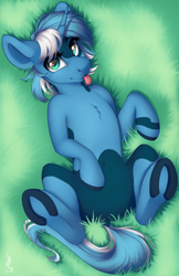 Size: 561x867 | Tagged: safe, artist:silentwulv, oc, oc only, oc:snow sailor, pony, unicorn, day, female, grass, looking up, lying down, mare, misleading thumbnail, solo, tongue out, underhoof
