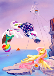 Size: 569x800 | Tagged: safe, artist:gingerfoxy, angel bunny, discord, fluttershy, gummy, opalescence, owlowiscious, photo finish, draconequus, earth pony, hybrid, pegasus, pony, twittermite, g4, allpet, apple, arm behind head, camera, dream, dream caused by the flight of a bee around a pomegranate a second before awakening, eyes closed, fine art parody, floating, food, long legs, mare in the moon, moon, salvador dalí, sleeping, statue, surreal, wat, zap apple