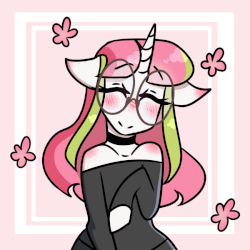 Size: 900x900 | Tagged: safe, artist:php172, oc, oc only, oc:stargazer lily, unicorn, semi-anthro, animated, blushing, choker, clothes, eyes closed, female, flower, freckles, gif, glasses, mare, shoulder freckles, shoulderless, smiling, solo, sweater