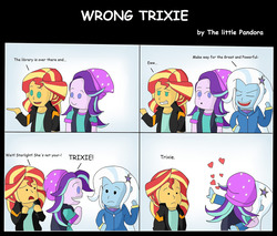 Size: 1280x1088 | Tagged: safe, artist:thelittlepandora, starlight glimmer, sunset shimmer, trixie, equestria girls, equestria girls specials, g4, my little pony equestria girls: mirror magic, clothes, comic, female, kissing, lesbian, mistaken identity, ship:startrix, shipping