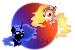 Size: 3000x2000 | Tagged: safe, artist:vcm1824, daybreaker, nightmare moon, pony, a royal problem, g4, chibi, diabreaker, female, filly, flying, grin, gritted teeth, high res, nightmare woon, royal sisters, simple background, smiling, transparent background