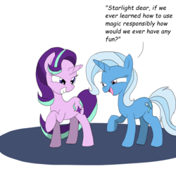 Size: 1024x1024 | Tagged: safe, artist:otakuponi, starlight glimmer, trixie, pony, unicorn, g4, dialogue, duo, grin, looking at each other, open mouth, raised hoof, simple background, smiling, squint, white background