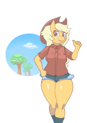 Size: 768x1088 | Tagged: safe, artist:drag0nman, applejack, earth pony, anthro, g4, applebucking thighs, breasts, clothes, cowboy hat, daisy dukes, female, freckles, hat, looking at you, mare, shirt, shorts, simple background, smiling, solo, stetson, tree, white background