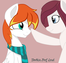 Size: 1591x1519 | Tagged: source needed, useless source url, safe, artist:dookin, oc, oc only, oc:dookin foof lord, pegasus, pony, boop, clothes, cute, eye contact, gradient background, looking at each other, looking at someone, red background, scarf, simple background, smiling