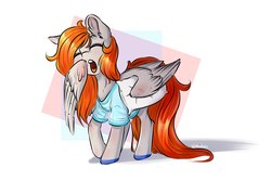 Size: 1589x1064 | Tagged: safe, artist:vincher, oc, oc only, pegasus, pony, clothes, female, mare, pillow, shirt, simple background, solo, white background, wing hands, yawn