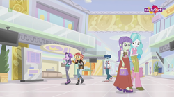 Size: 1136x638 | Tagged: safe, screencap, curly winds, paisley, some blue guy, starlight, starlight glimmer, sunset shimmer, equestria girls, equestria girls specials, g4, my little pony equestria girls: mirror magic, background human, canterlot mall, clothes, food, ice cream, long skirt, skirt, teletoon