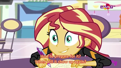 Size: 854x480 | Tagged: safe, screencap, sunset shimmer, equestria girls, equestria girls specials, g4, mirror magic, book, english, female, nervous, solo, subtitles