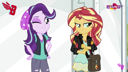 Size: 854x480 | Tagged: safe, screencap, starlight glimmer, sunset shimmer, equestria girls, equestria girls specials, g4, mirror magic, bag, clothes, geode of empathy, hand on hip, hat, jacket, magical geodes, one eye closed, pants, smiling, teletoon, wink