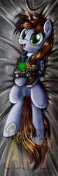 Size: 800x2400 | Tagged: safe, artist:ruhisu, oc, oc only, oc:littlepip, pony, unicorn, fallout equestria, body pillow, body pillow design, clothes, commission, fanfic, fanfic art, female, jumpsuit, looking at you, lying down, mare, on back, pipbuck, smiling, solo, vault suit, watermark