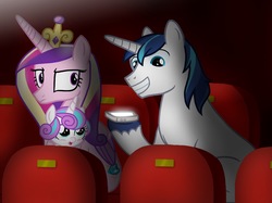 Size: 2732x2048 | Tagged: safe, artist:justsomepainter11, princess cadance, princess flurry heart, shining armor, pony, unicorn, g4, cinema, high res, phone, shining armor is a goddamn moron, show accurate, this will end in a night on the couch