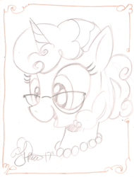 Size: 843x1108 | Tagged: safe, artist:andypriceart, oc, oc only, oc:graphia, pony, unicorn, bust, glasses, solo, traditional art