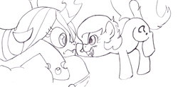 Size: 2103x1033 | Tagged: safe, artist:traditional drawfag lvl 1, queen chrysalis, oc, oc:filly anon, changeling, changeling queen, earth pony, pony, g4, 4chan, boop, eye contact, female, filly, looking at each other, monochrome