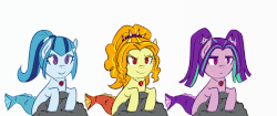 Size: 948x400 | Tagged: safe, artist:tzc, adagio dazzle, aria blaze, sonata dusk, siren, equestria girls, g4, my little pony equestria girls: rainbow rocks, :3, :<, :|, adoragio, animated, ariabetes, bad singing, chibi, cute, female, gem, gif, music notes, one eye closed, one of these things is not like the others, rock, simple background, singing, siren gem, sirens doing siren things, smiling, smirk, sonatabetes, tail wag, the dazzlings, trio, white background, wink
